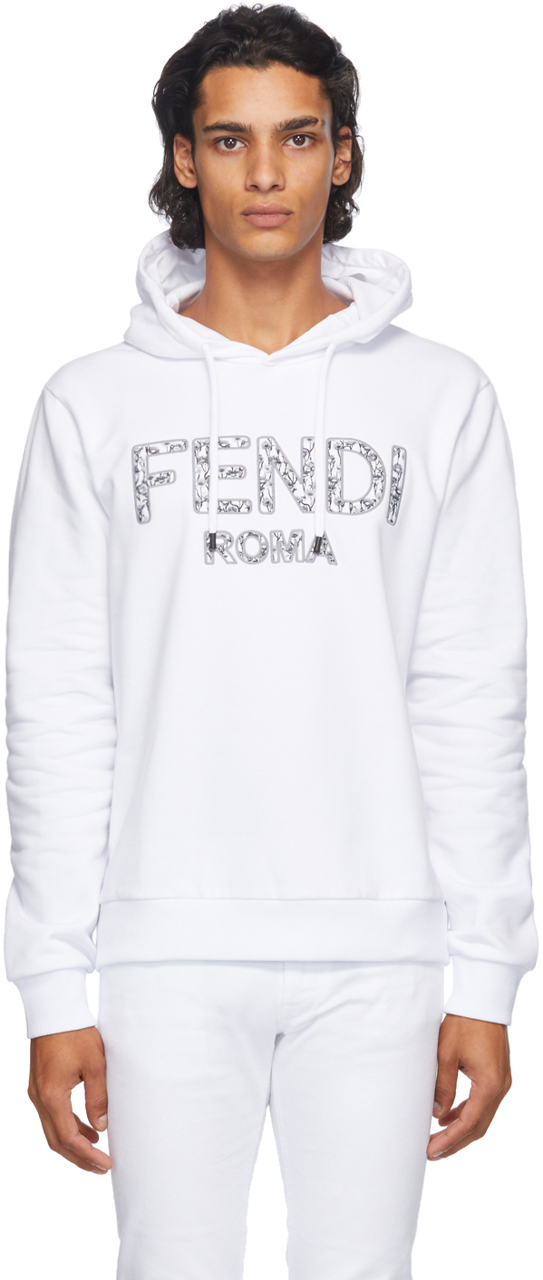 Fendi: White Embroidered Logo Hoodie 