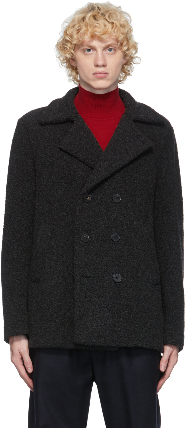 Harris Wharf London: Grey Bouclé Wool Pea Coat | SSENSE