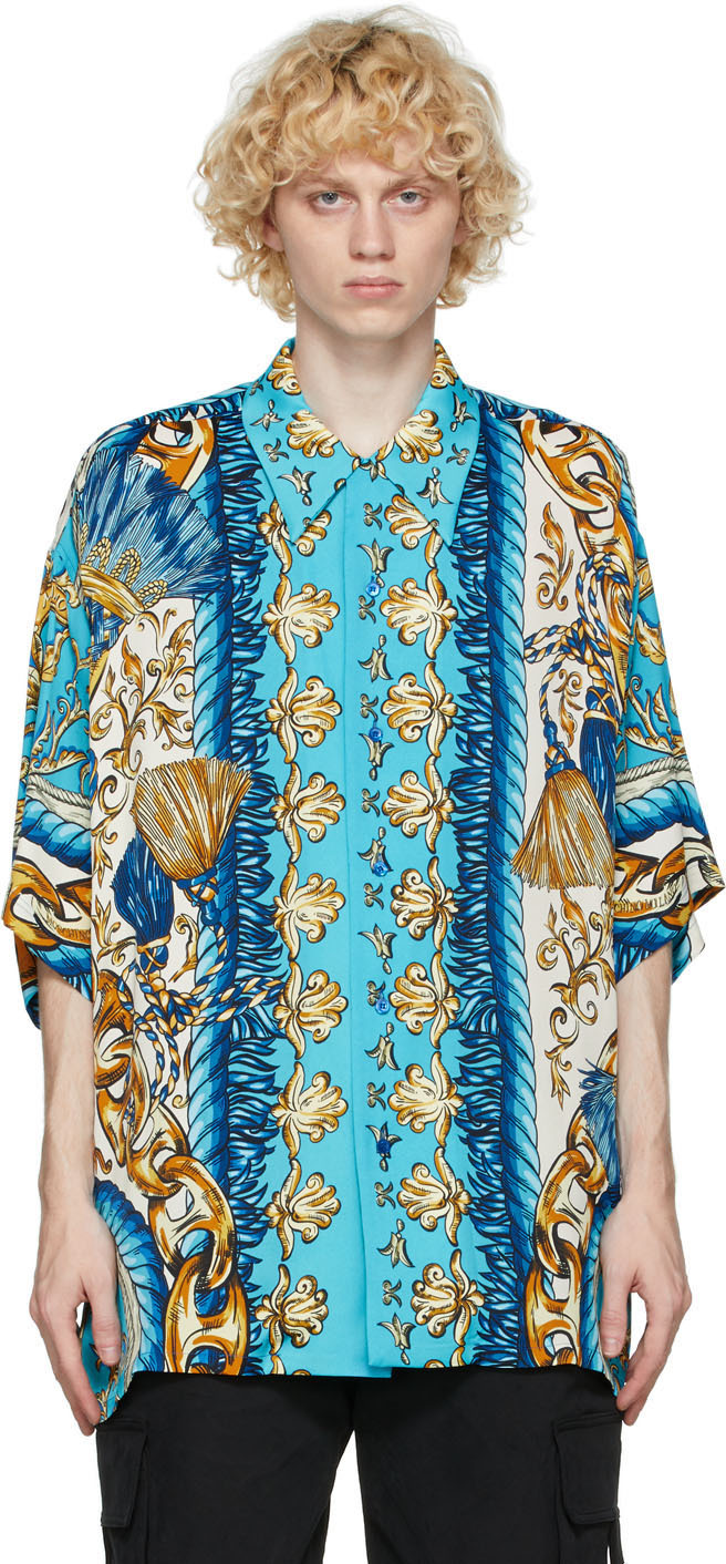 Moschino: Blue Viscose Graphic Short Sleeve Shirt | SSENSE