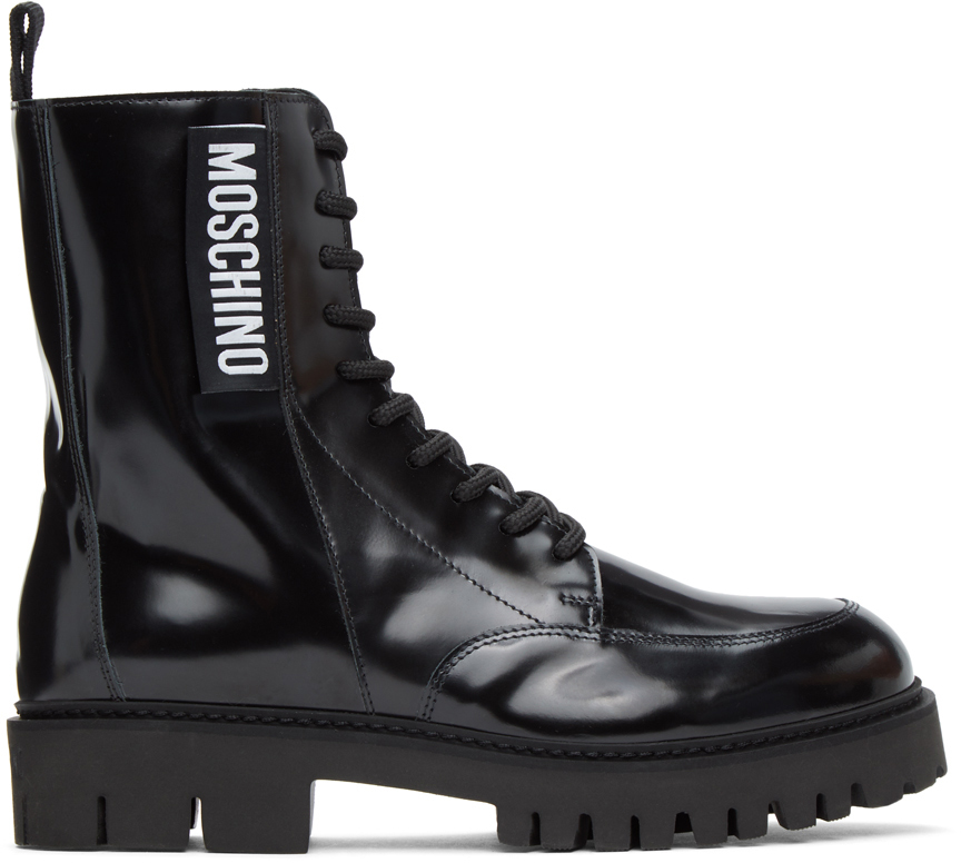 Black Logo Tab Combat Boots by Moschino 