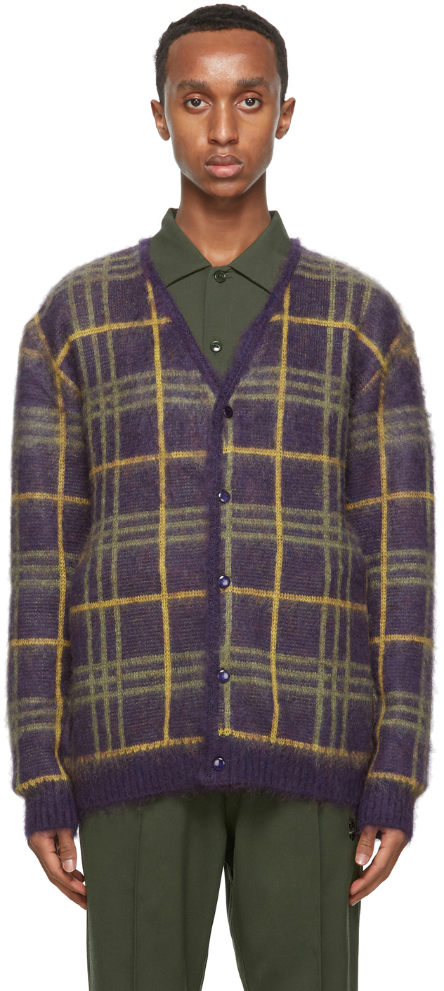 NEEDLES: Purple & Yellow Mohair Check Cardigan | SSENSE Canada
