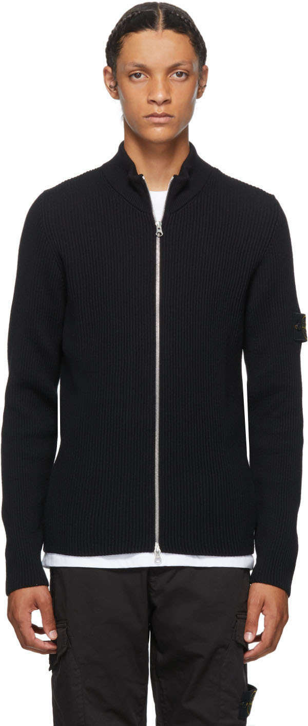 Stone Island: Black Rib Knit Zip Sweater | SSENSE