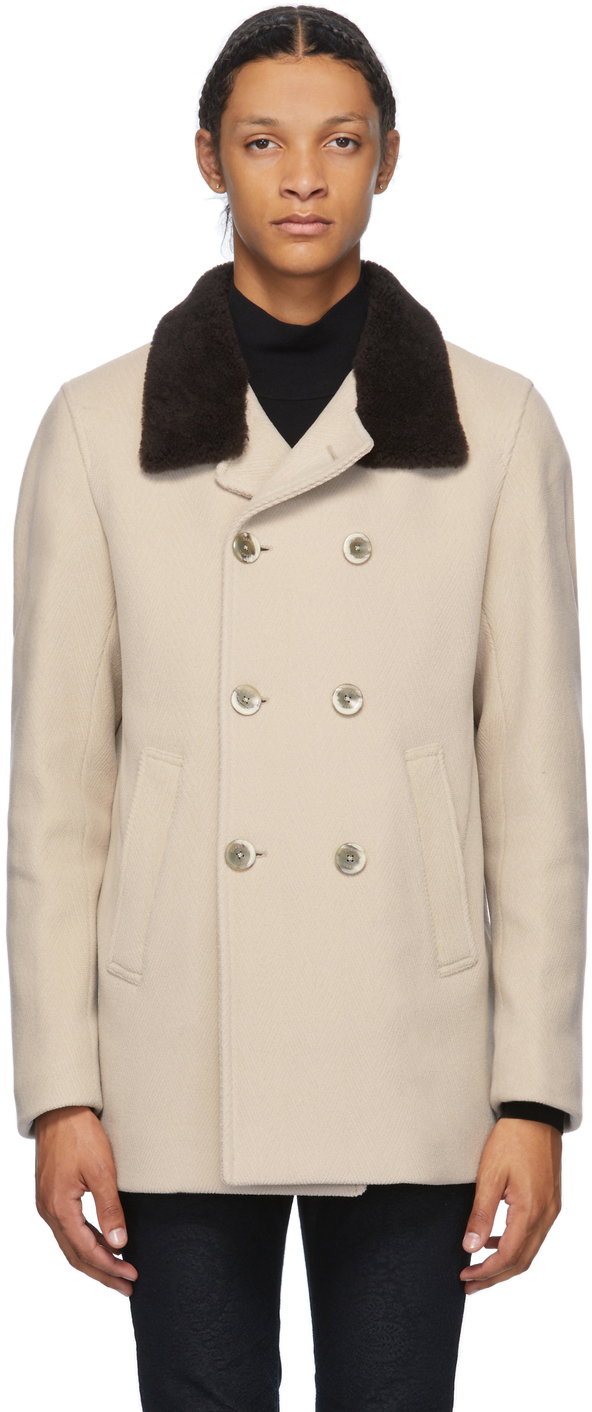 Herno: Beige Herringbone Double Breasted Coat | SSENSE UK