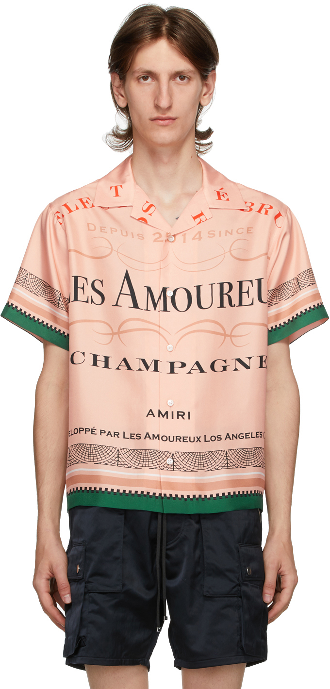 AMIRI: Pink Silk 'Les Amoureux Champagne' Short Sleeve Shirt | SSENSE