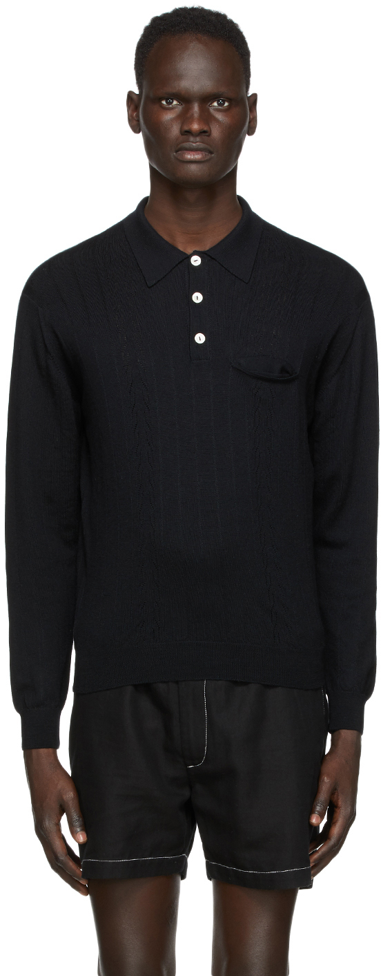 Black Wool Long Sleeve Polo