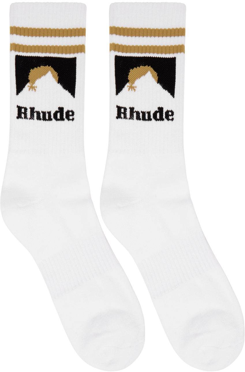 Rhude: White & Gold Mountain Logo Socks | SSENSE