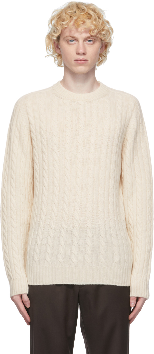 white cashmere cable knit sweater