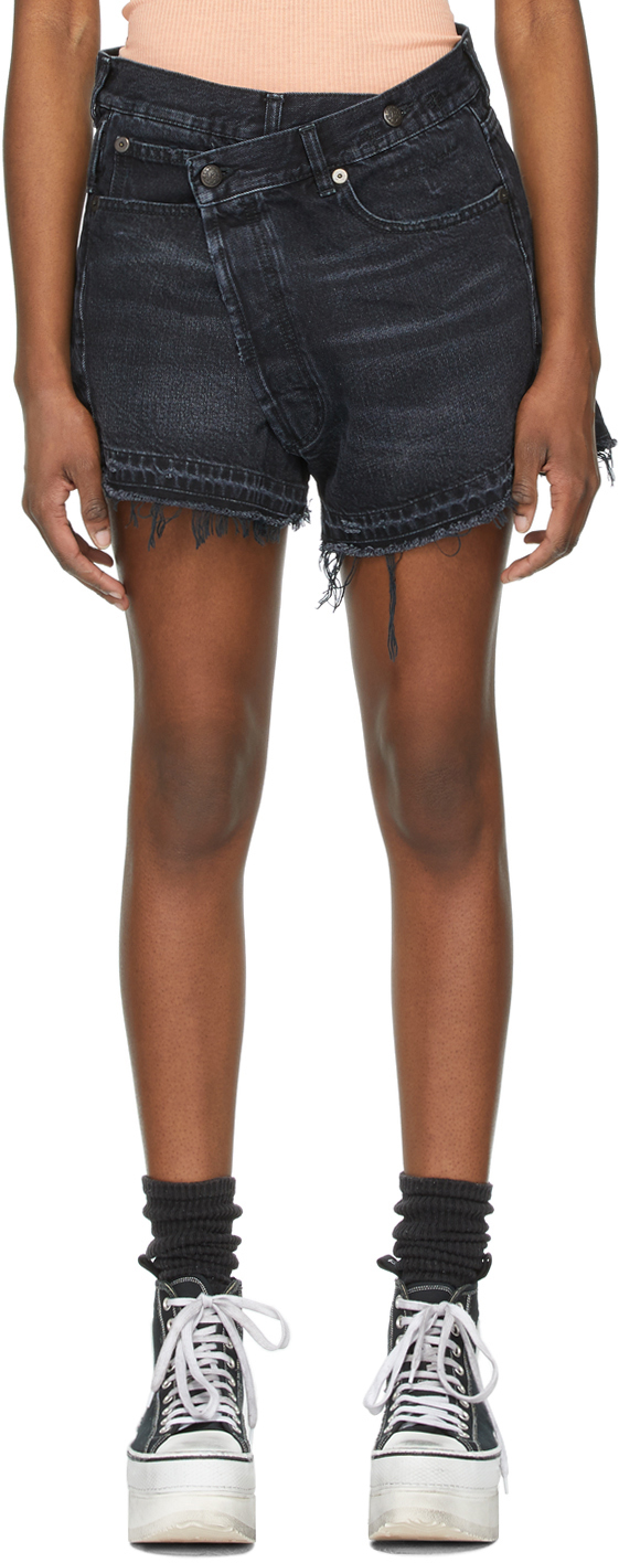 R13 Black Crossover Denim Shorts
