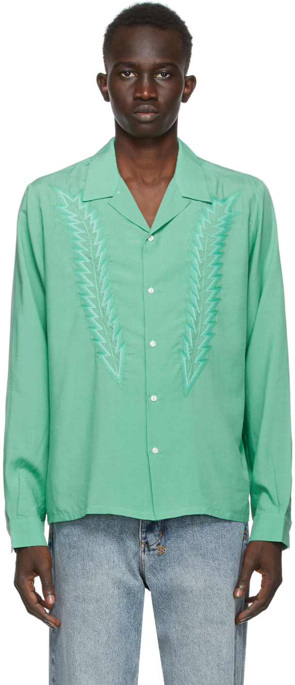 Double Rainbouu: Green Linen Embroidered Shirt | SSENSE