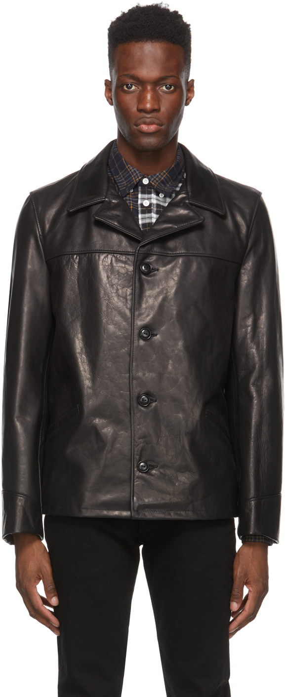 Schott: Black Leather Car Coat | SSENSE Canada