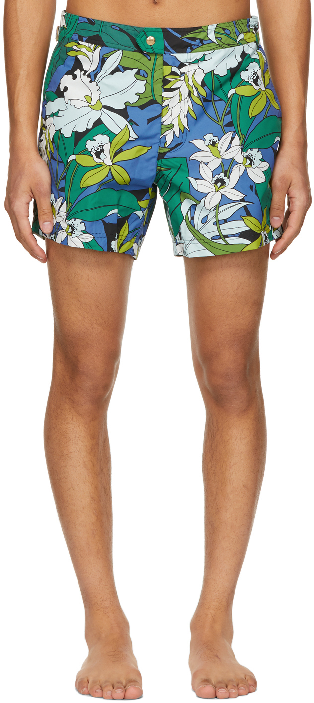 TOM FORD: Blue & Green Tropical Print Swim Shorts | SSENSE Canada