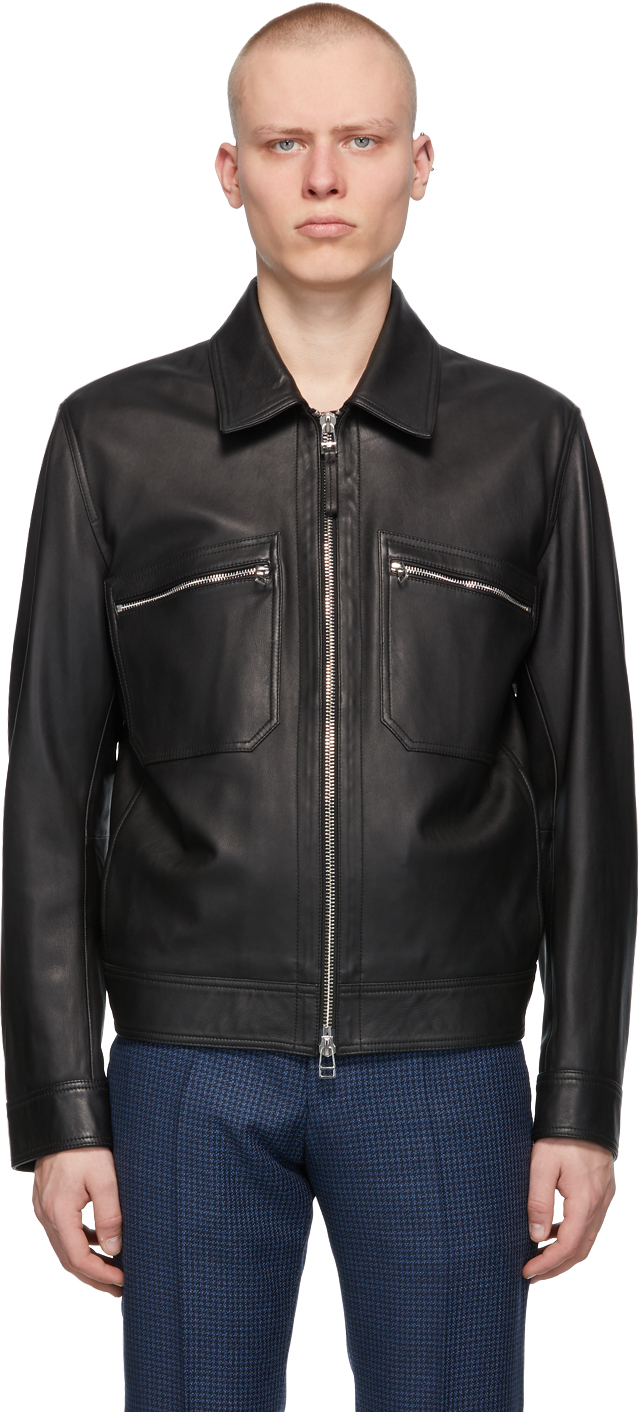 Black Leather Meras Jacket by Boss on Sale