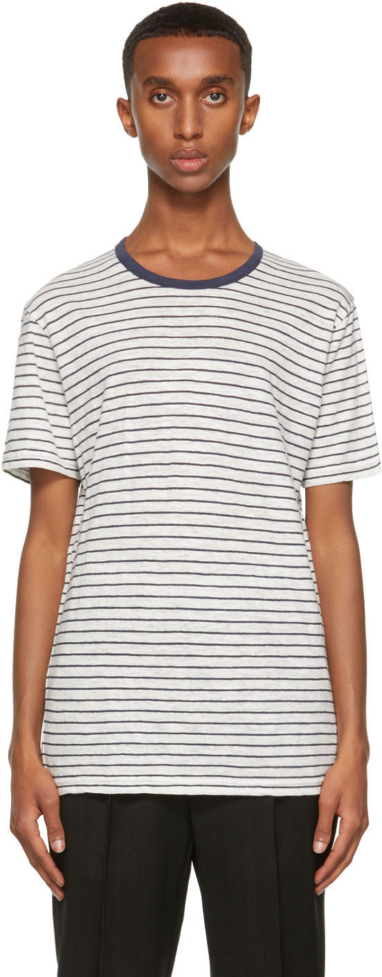 Sunspel Off-White & Navy Striped T-Shirt