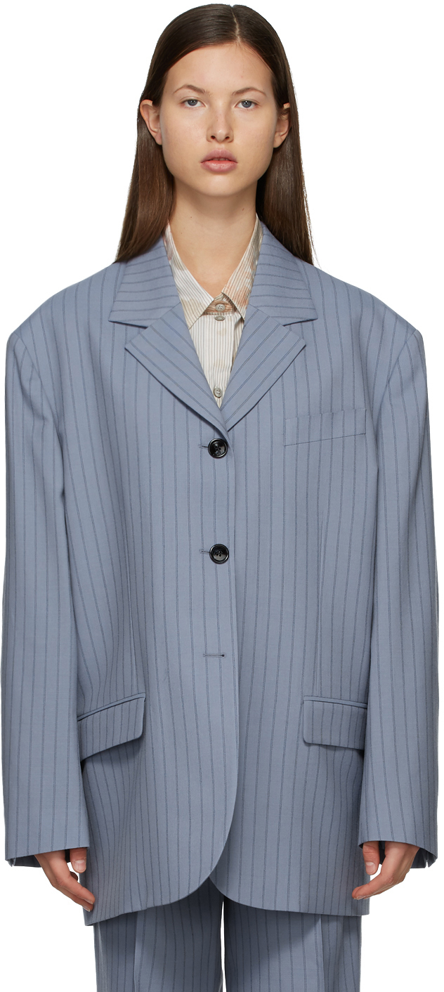 Blue & Navy Wool Pinstripe Suit Blazer by Acne Studios on Sale