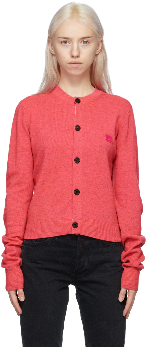 Acne Studios: Pink Wool Crewneck Patch Cardigan | SSENSE