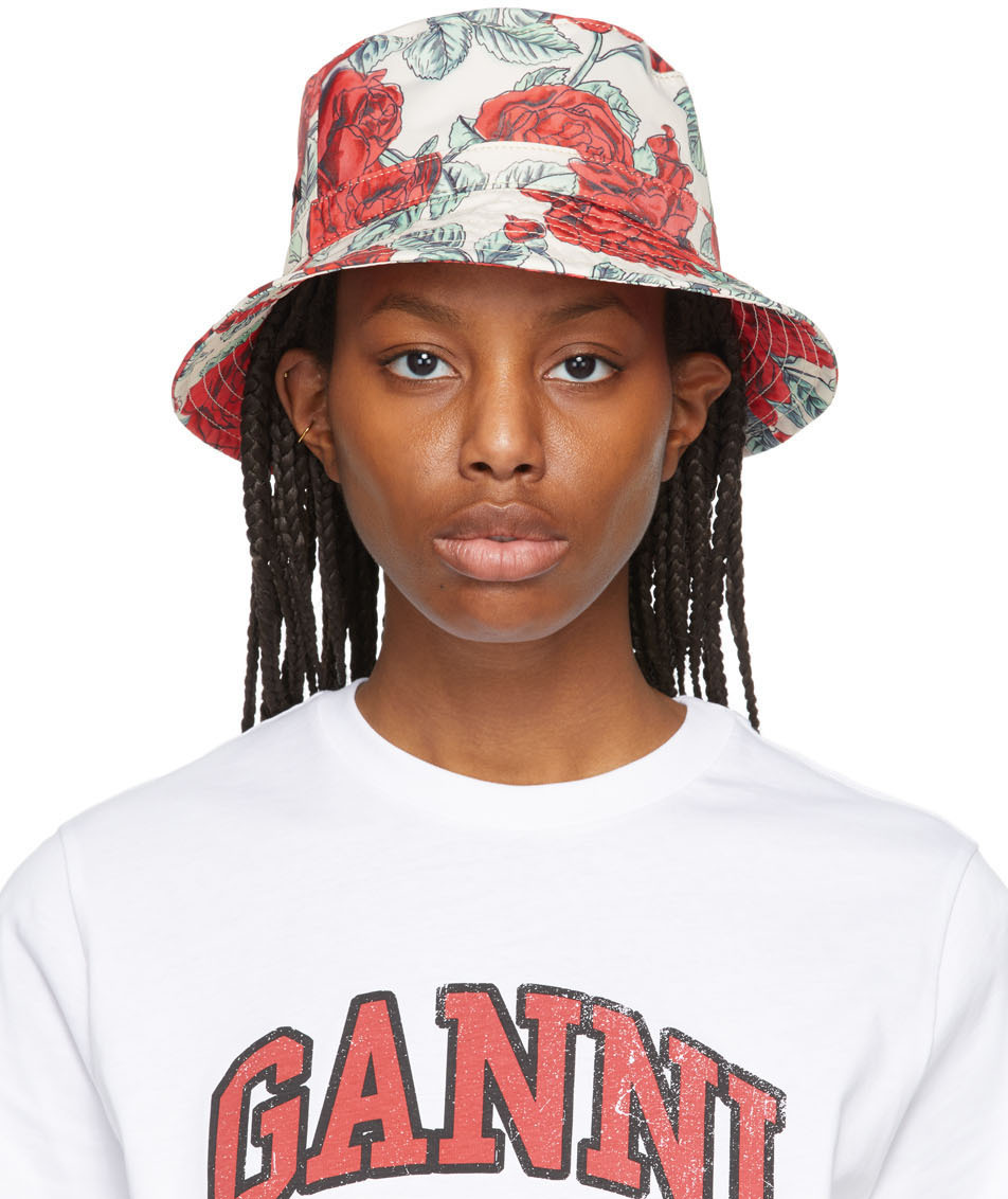 GANNI Off-White & Red Recycled Tech Seasonal Bucket Hat