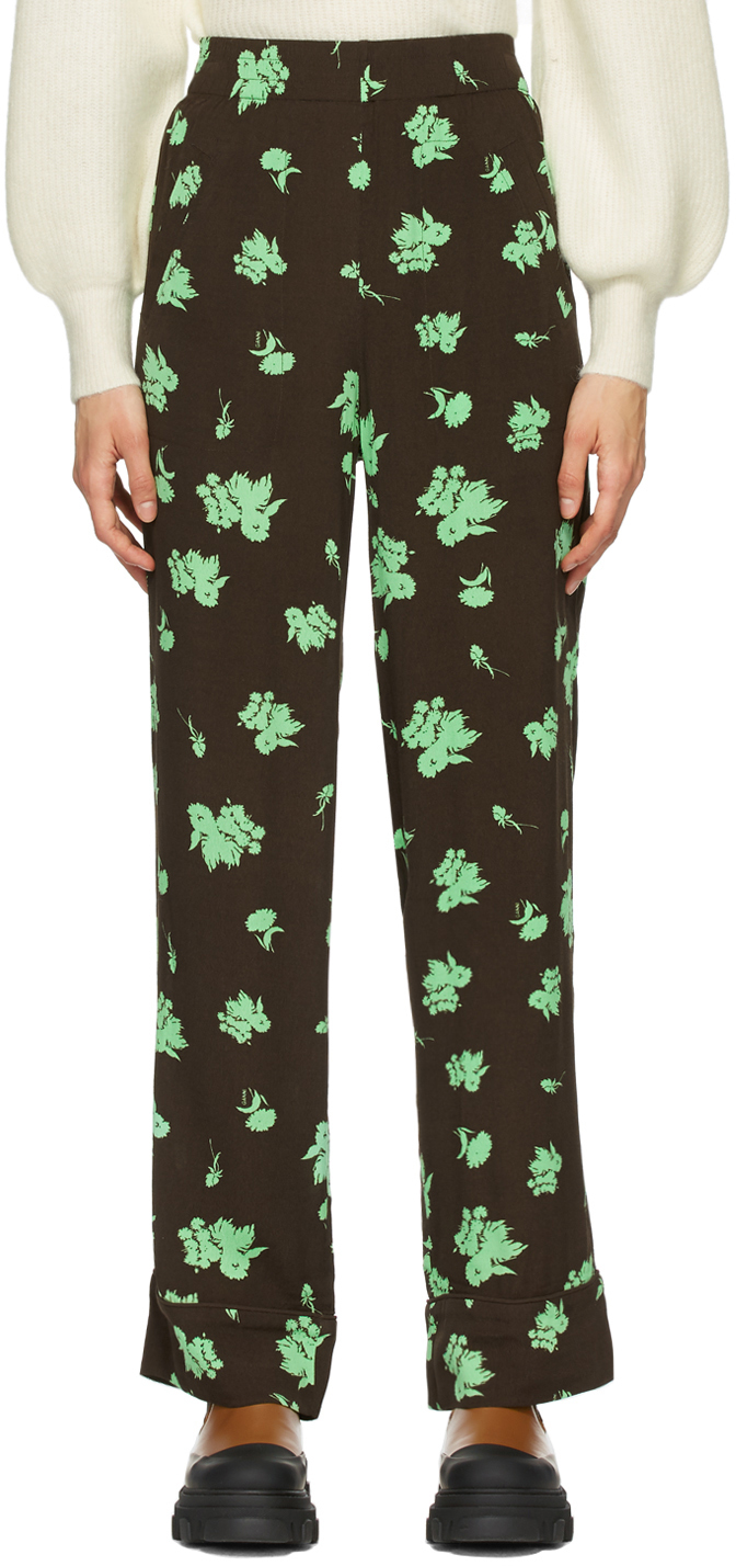 GANNI: Brown & Green Printed Crepe Trousers | SSENSE