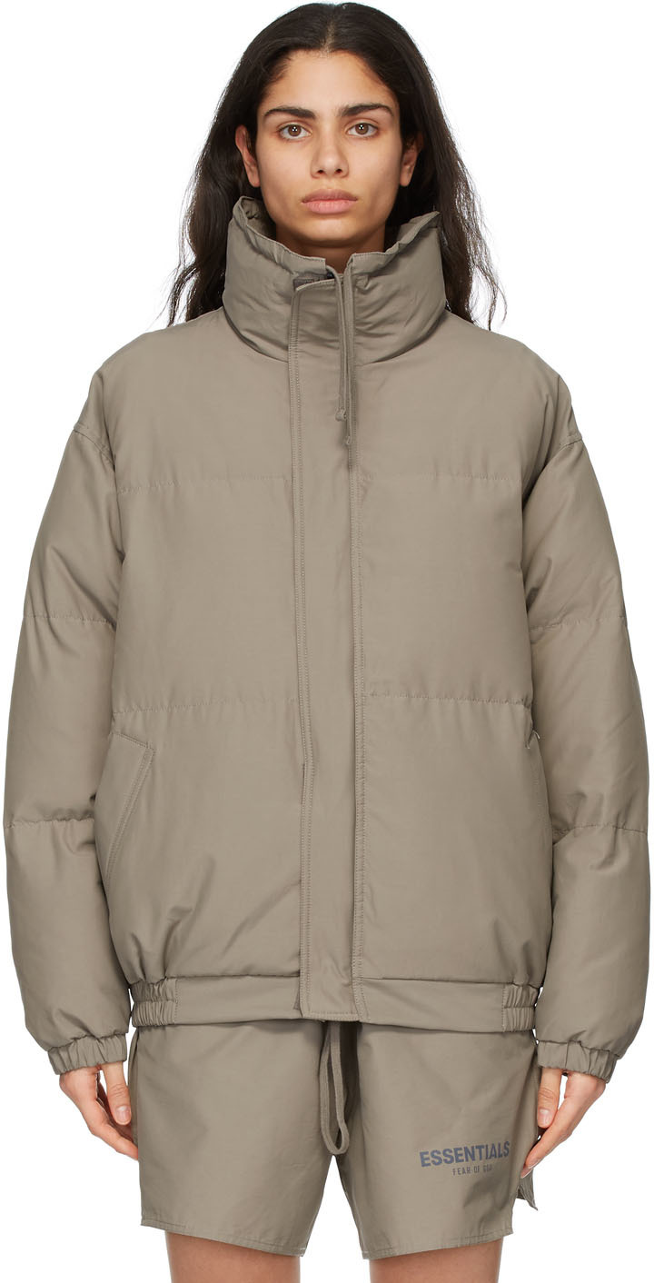 Essentials: Khaki Nylon Puffer Jacket | SSENSE UK