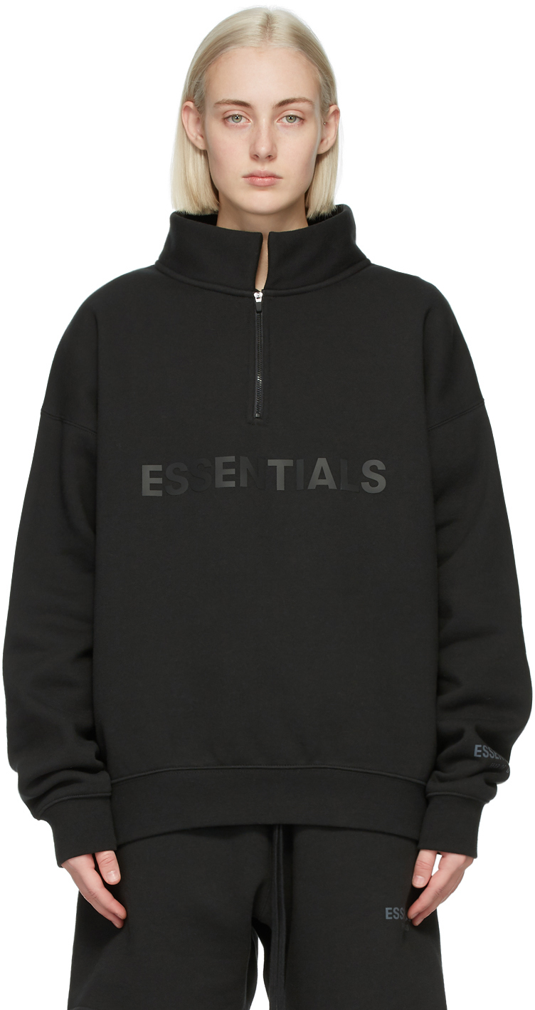 Essentials: Black Mock Neck Half-Zip Sweatshirt | SSENSE