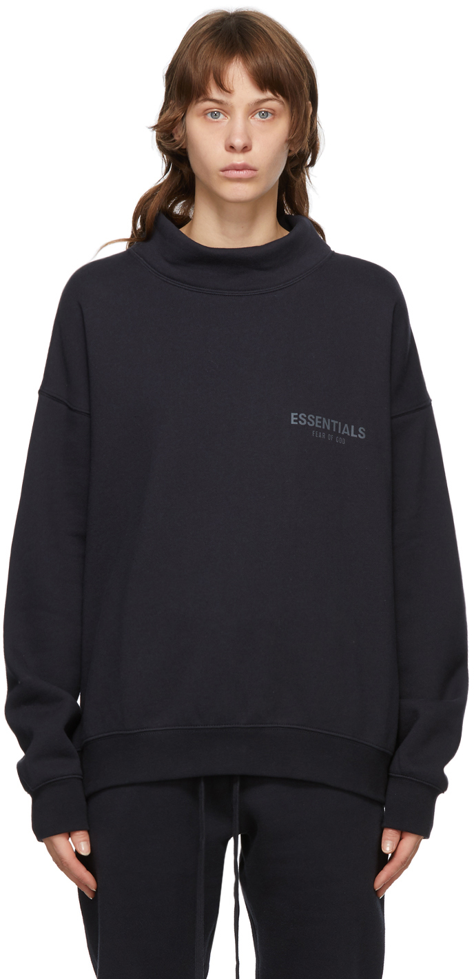 Essentials: SSENSE UK Exclusive Navy Logo Mock Neck Sweatshirt | SSENSE