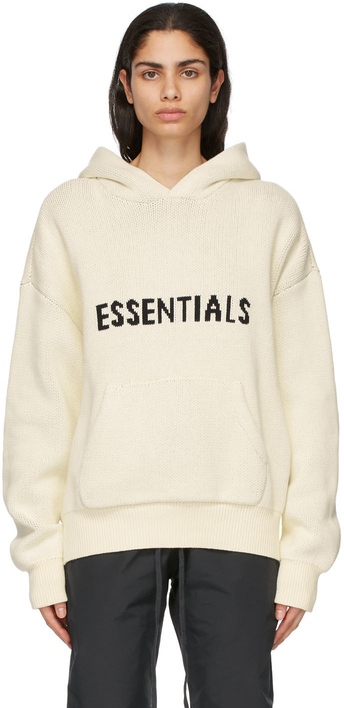 Essentials: Off-White Knit Logo Hoodie | SSENSE