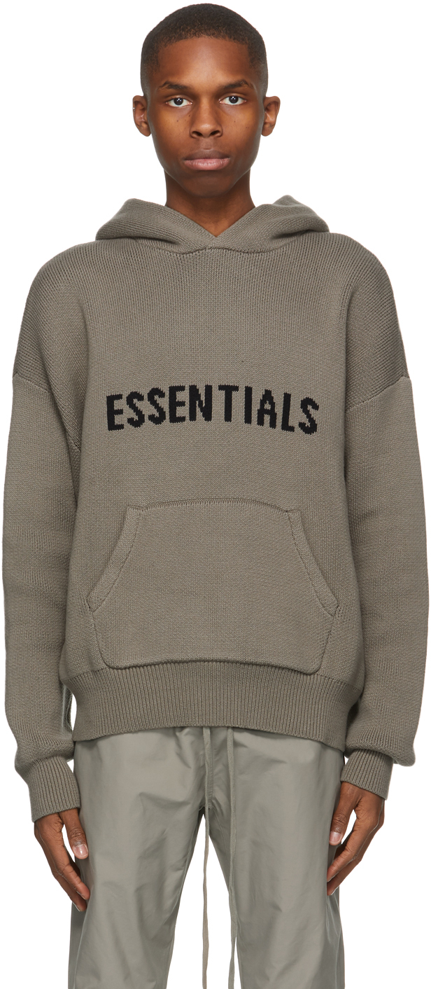 Essentials: Taupe Knit Logo Hoodie | SSENSE