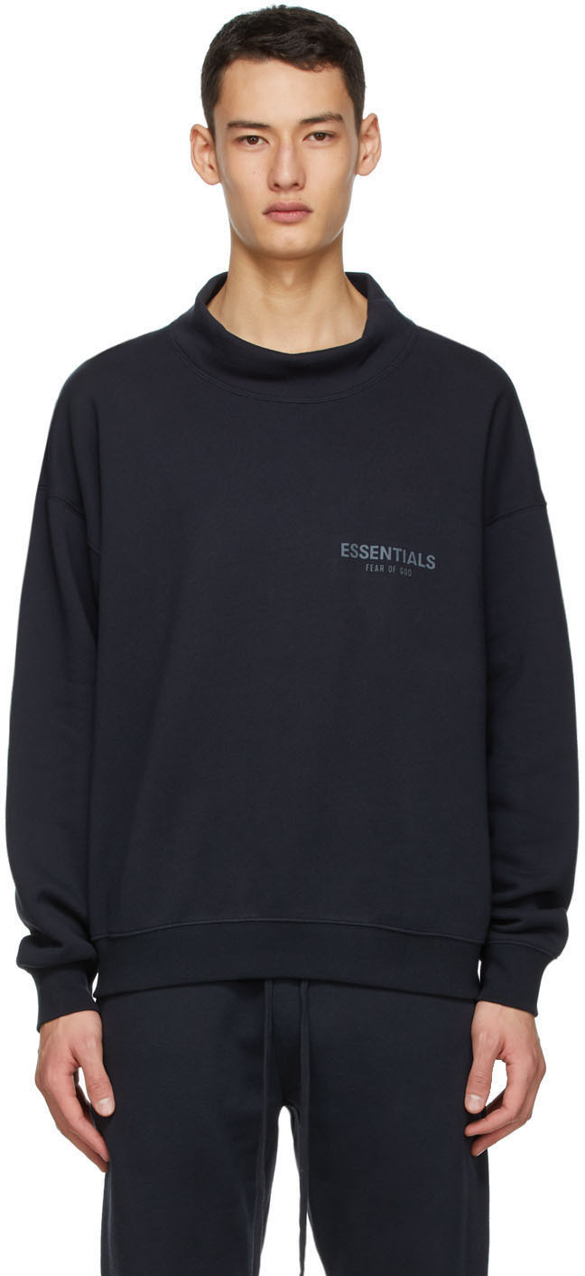 Essentials: SSENSE Exclusive Navy Logo Mock Neck Sweatshirt | SSENSE