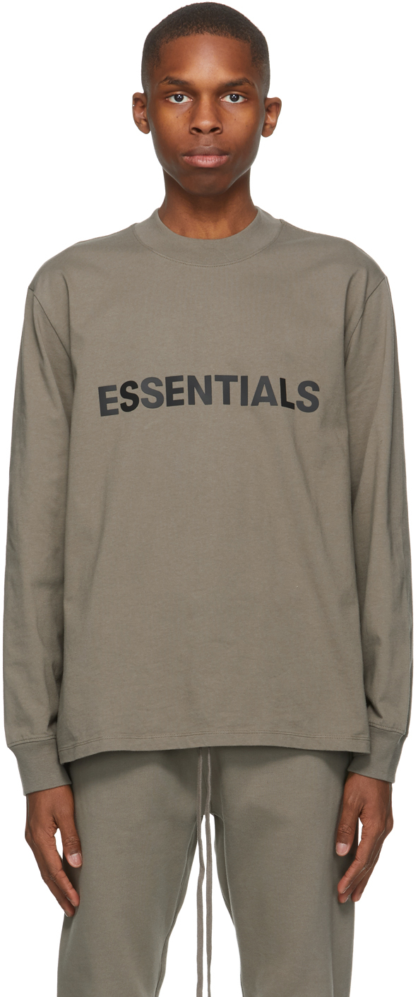Essentials: Taupe Logo Long Sleeve T-Shirt | SSENSE UK