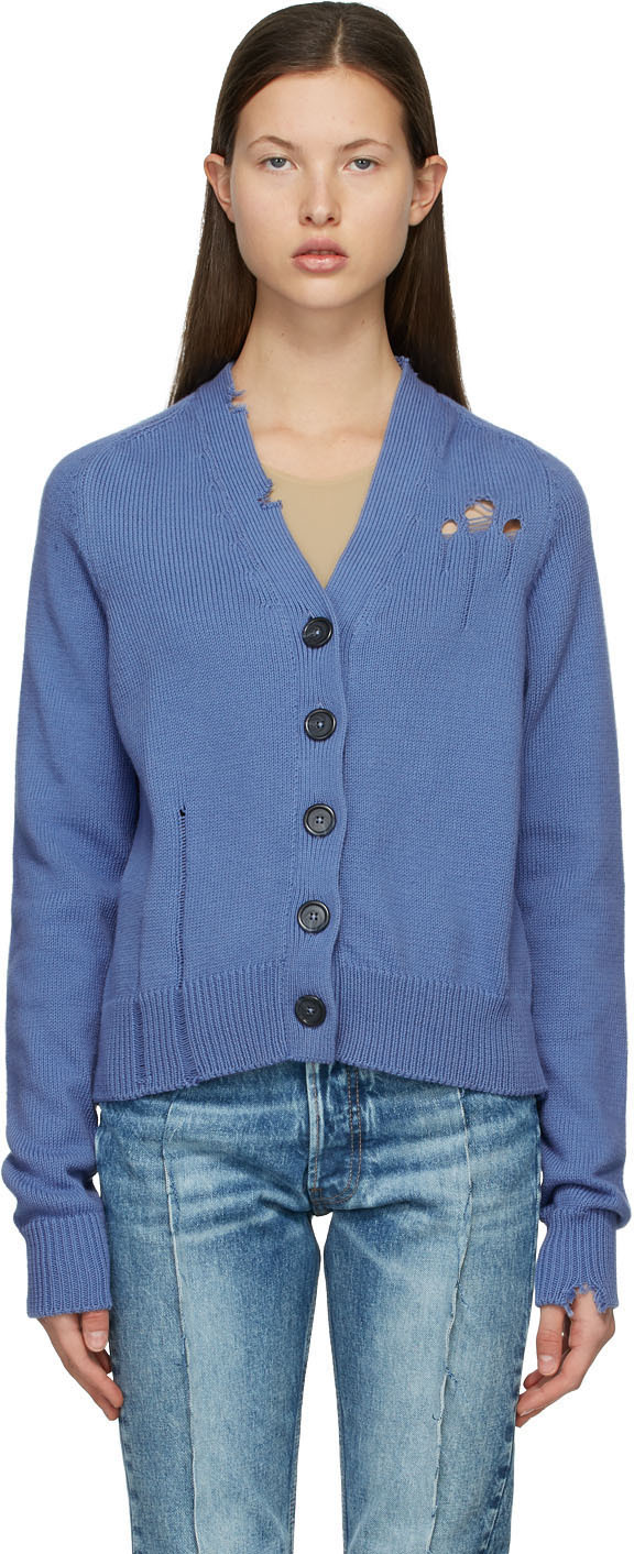 Maison Margiela: Blue Destroyed Cardigan | SSENSE