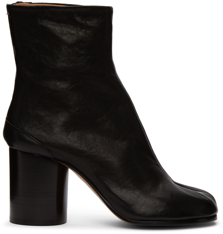 Maison Margiela: Black Vintage Mid Heel Leather Tabi Boots | SSENSE Canada