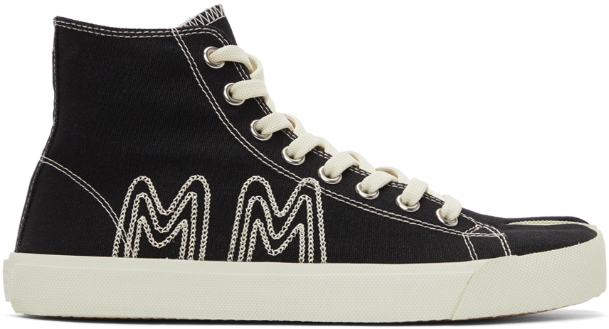 Maison Margiela Black & Off-White Canvas Embroidered Tabi High-Top Sneakers
