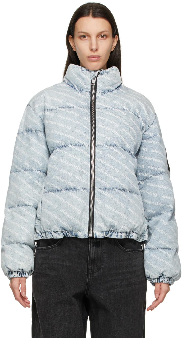 Alexander Wang: Blue Denim Logo Puffer Jacket | SSENSE