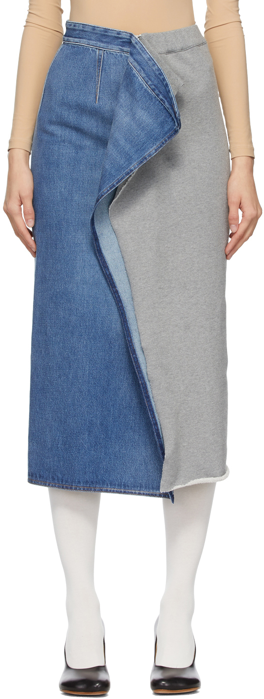MM6 Maison Margiela Blue & Grey Denim Sweat Split Skirt