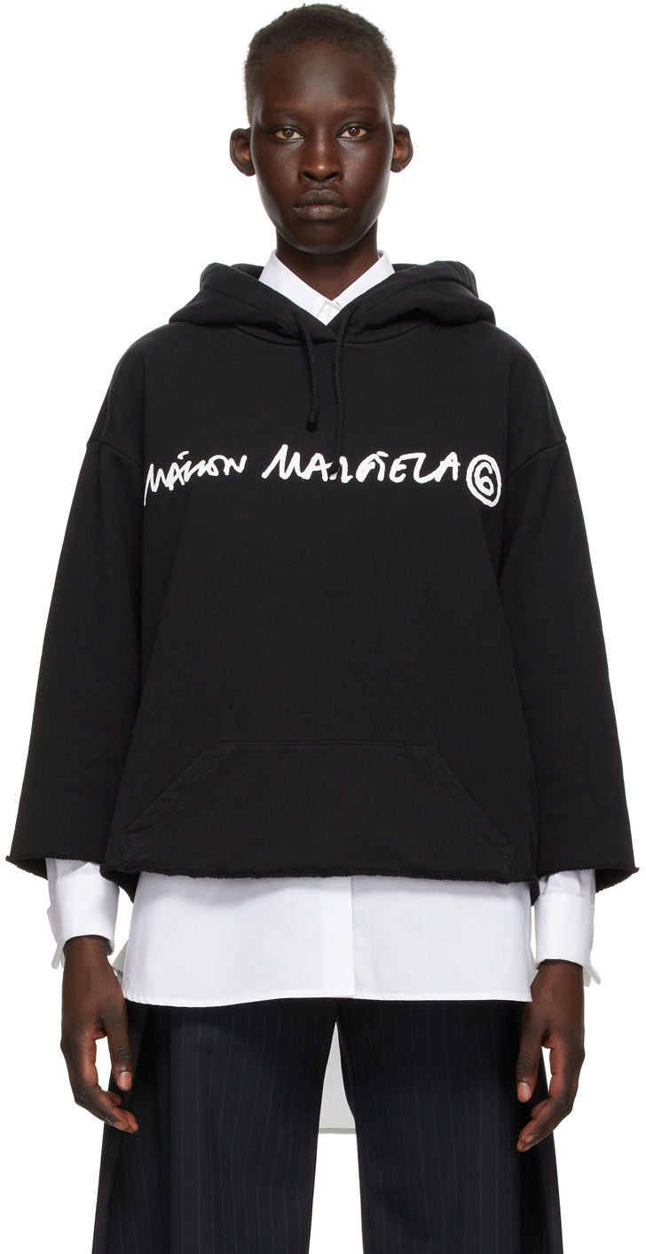 MM6 Maison Margiela: Black Logo Cropped Hoodie | SSENSE
