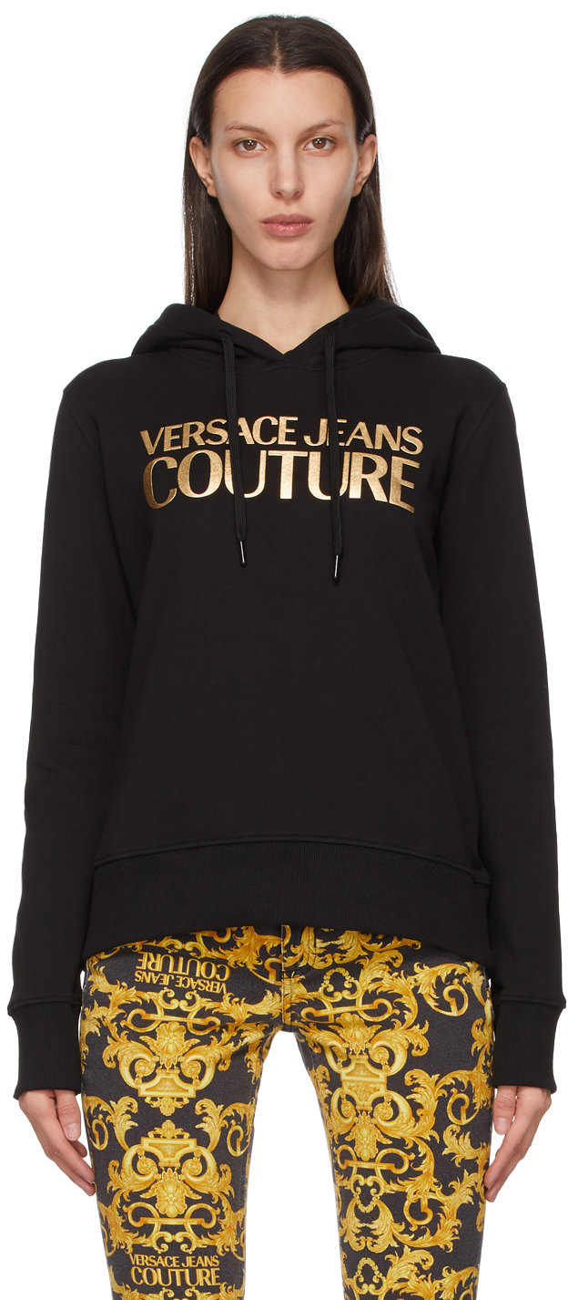 Versace Jeans Couture: Black & Gold Institutional Logo Hoodie | SSENSE ...