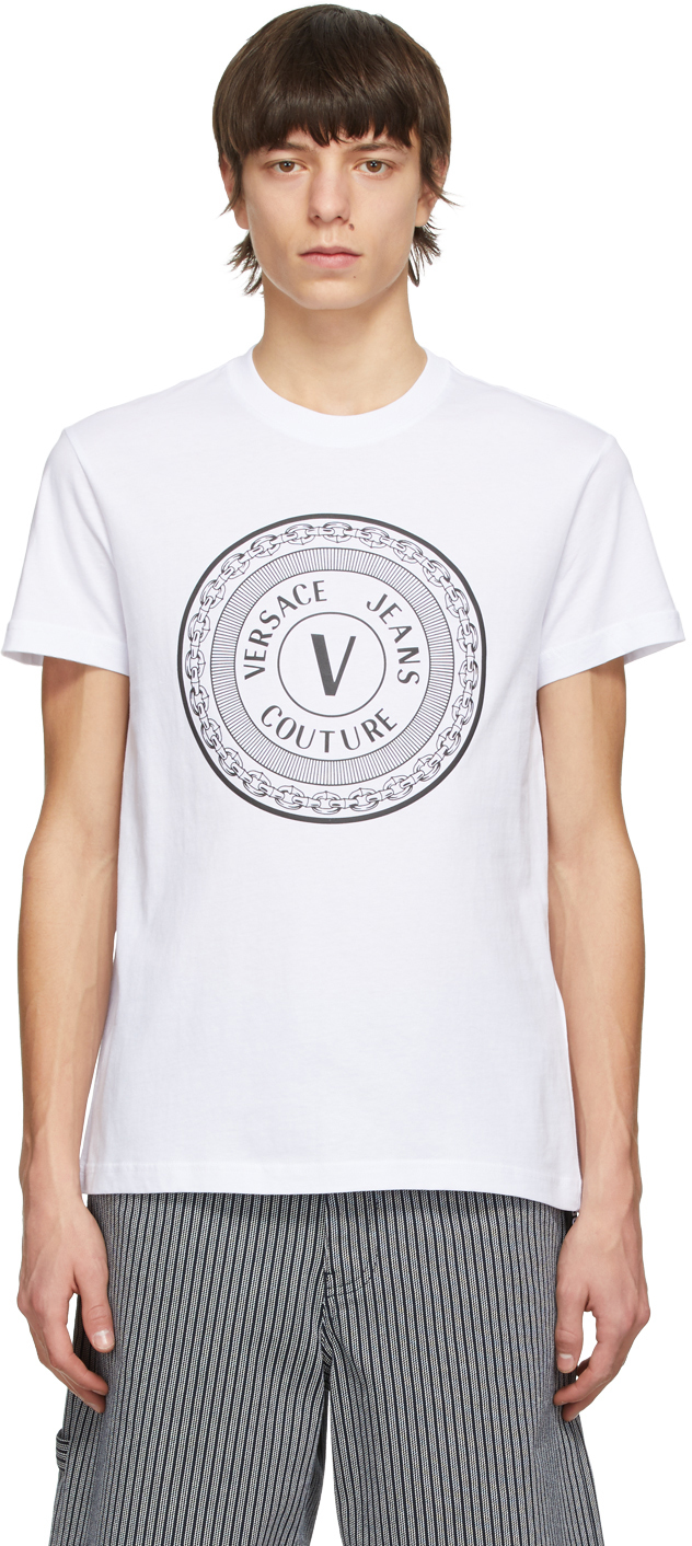 Versace Jeans Couture: White V Emblem T-Shirt | SSENSE