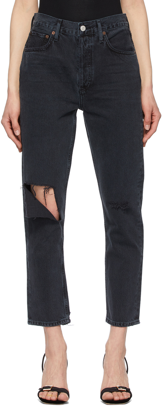 AGOLDE Black Riley High-Rise Straight Crop Jeans