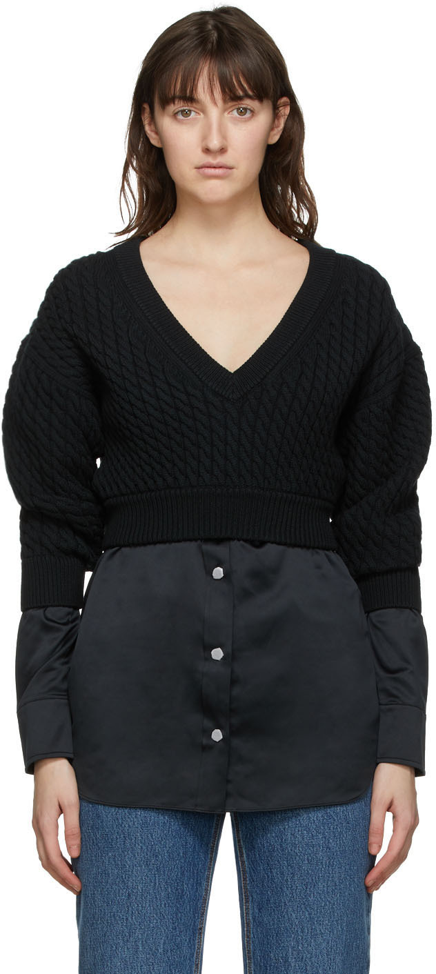 alexanderwang.t: Black Cable Knit Bi-Layer Sweater | SSENSE