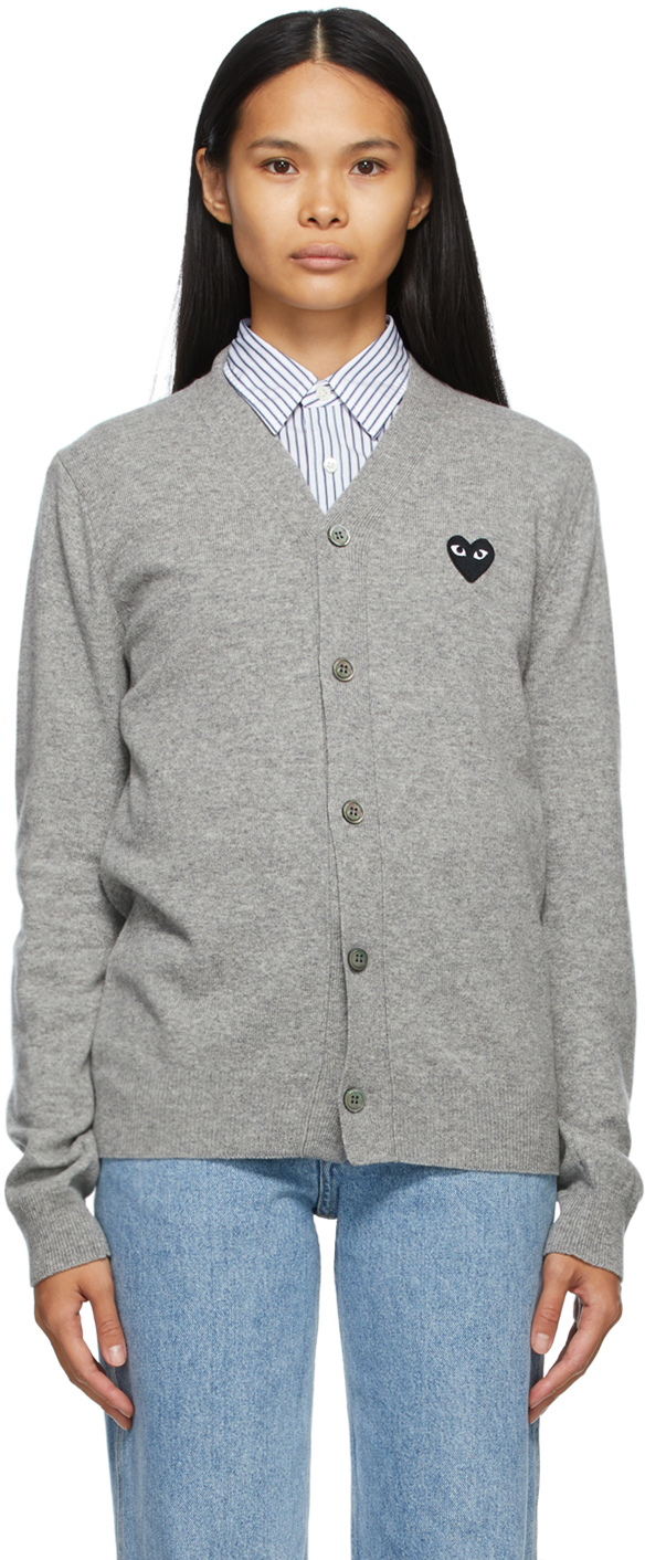 Grey & Black Heart Patch V-Neck Cardigan