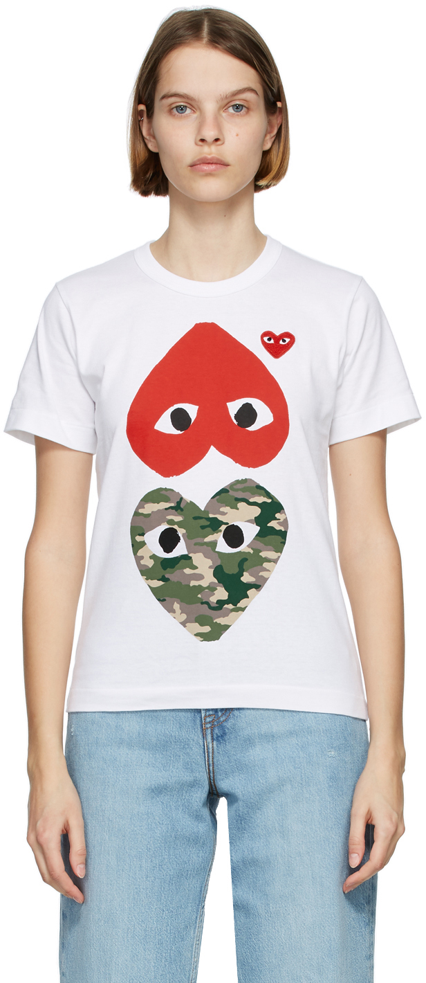 Comme des Garçons Play: White & Red Camo Upside Down Heart T-Shirt | SSENSE