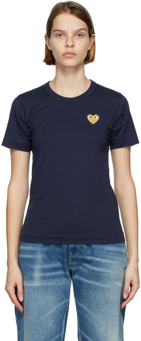 Comme des Garçons Play Navy & Gold Heart Patch T-Shirt