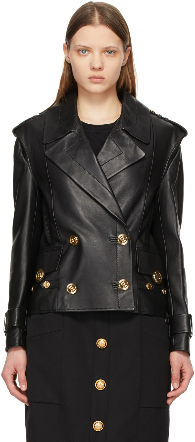 Balmain Black Leather Pea Coat 211251F064005