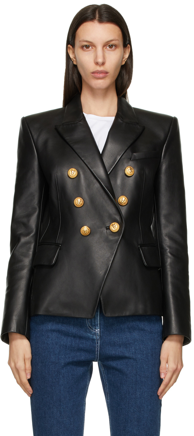 Balmain: Black Leather Double-Breasted Jacket | SSENSE