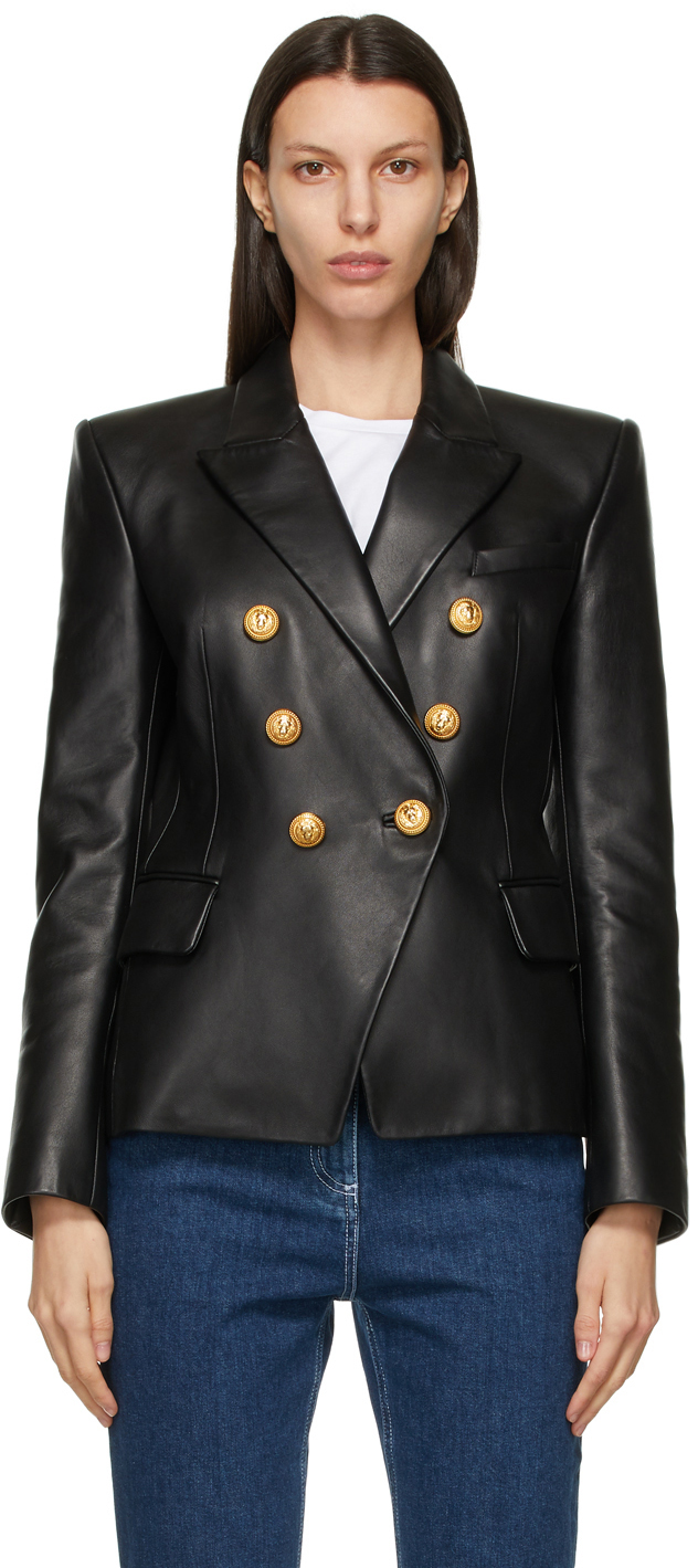 Balmain Black Leather Double Breasted Jacket 211251F064008