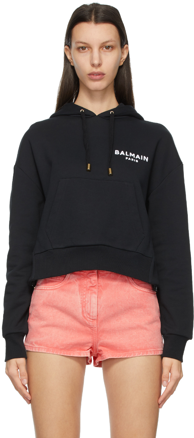 Balmain Black Flocked Logo Cropped Hoodie Ssense