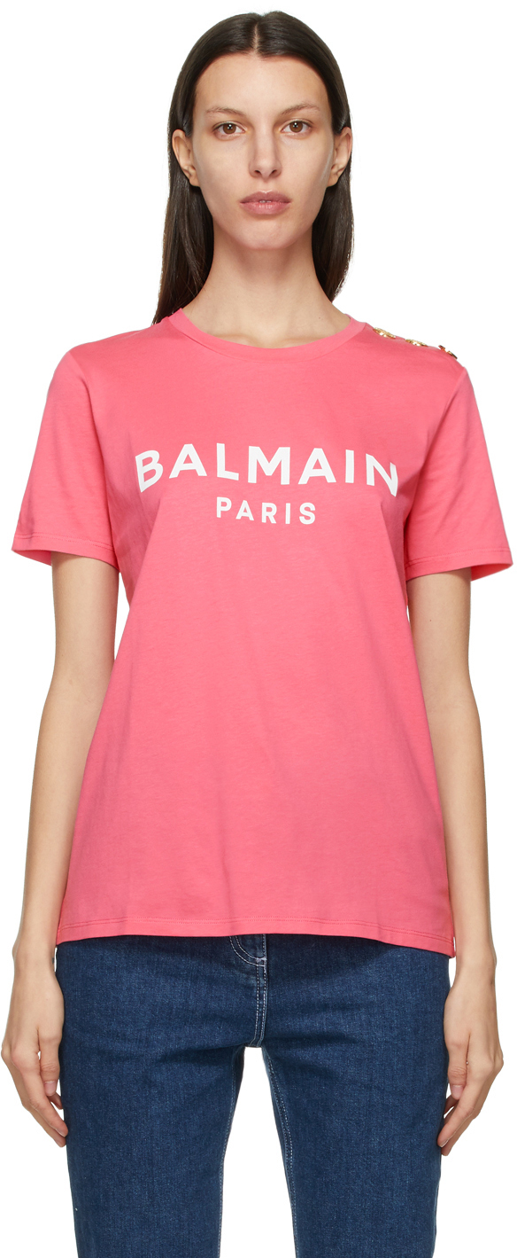 Balmain: Pink & White Button Logo T-Shirt | SSENSE Canada