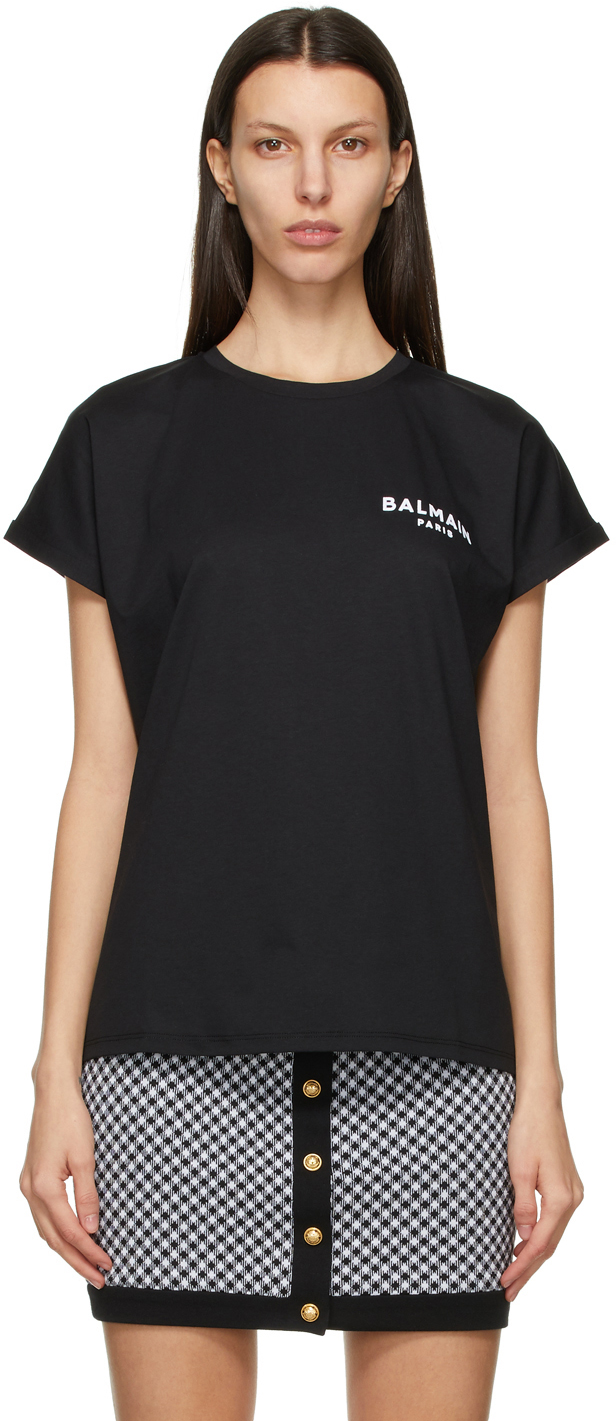 Balmain: Black Flocked Logo T-Shirt | SSENSE