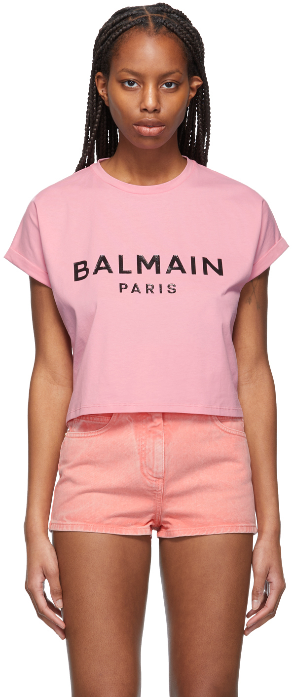 Pink Cropped Logo T-Shirt by Balmain on Sale