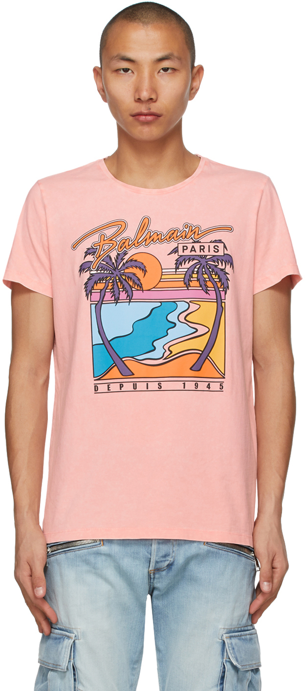 Balmain: Pink Logo Graphic T-Shirt | SSENSE Canada