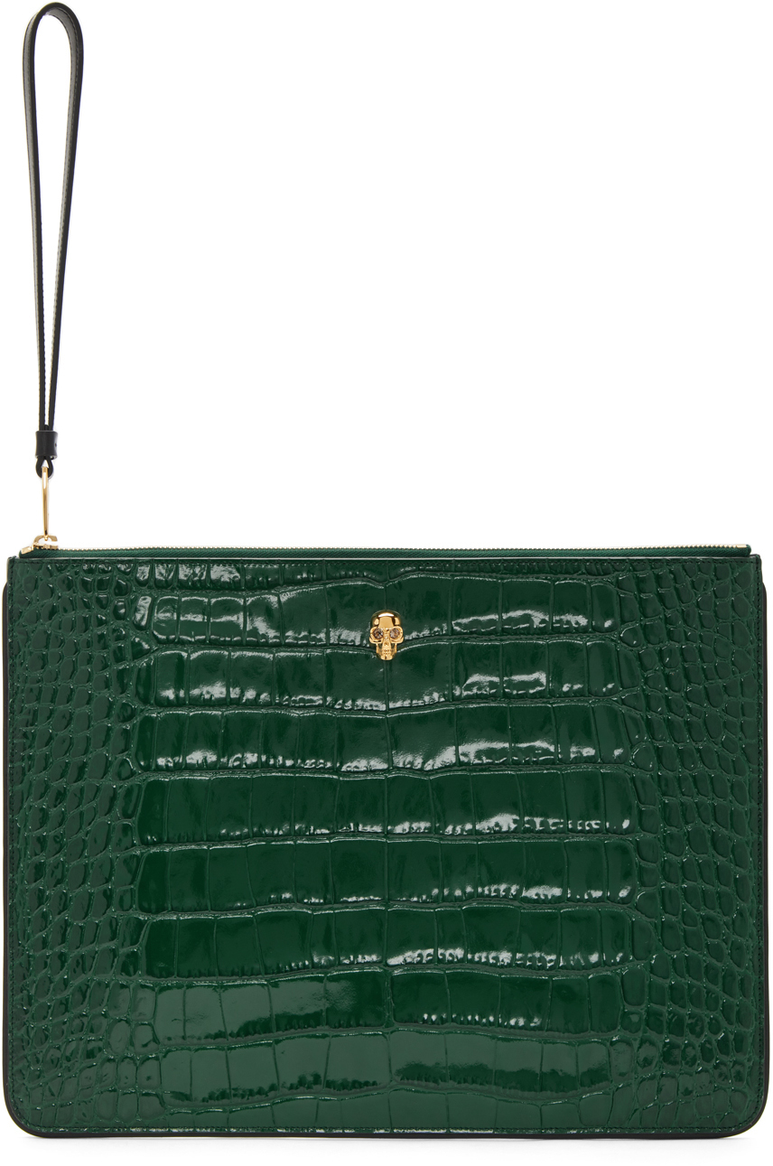Alexander McQueen Green Croc Skull Zip Pouch SSENSE Canada